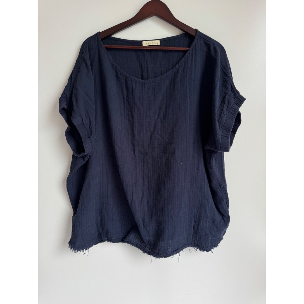 Stark X Navy Blue Cotton Gauze Raw Hem Short‎ Sleeve Top Large Made in USA